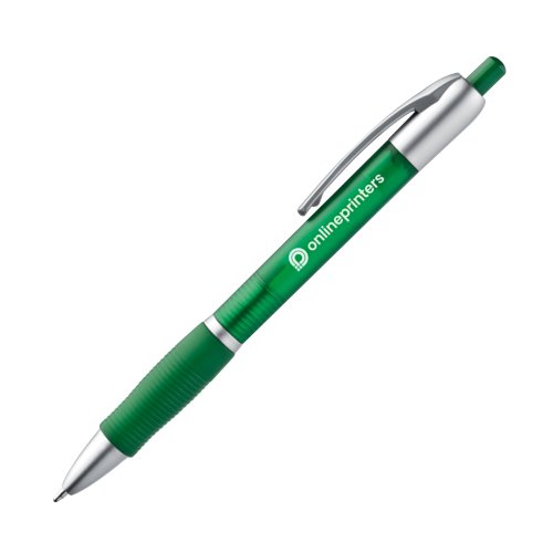 Penna a sfera verde in plastica con clip e pulsante.