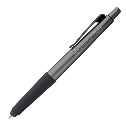 Penna a sfera in metallo grigio con funzione touch e clip.