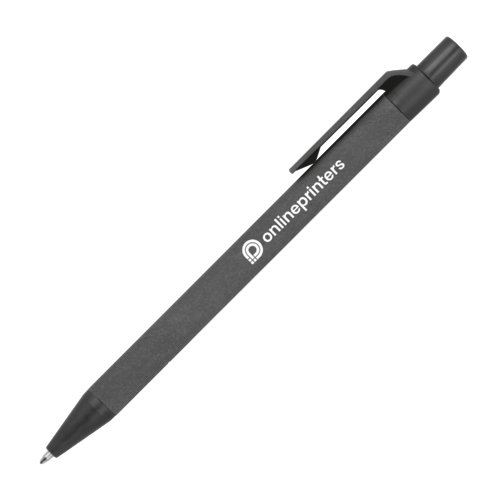 Penna a sfera in cartone nero con clip e pulsante.