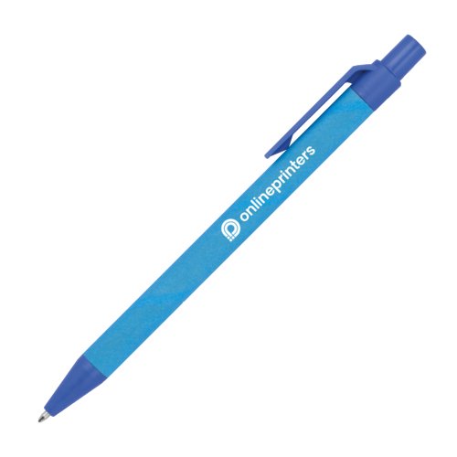 Penna a sfera in carta blu con clip e meccanismo a pressione.