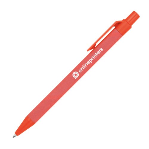 Penna a sfera in carta rossa con clip e meccanismo a pressione.