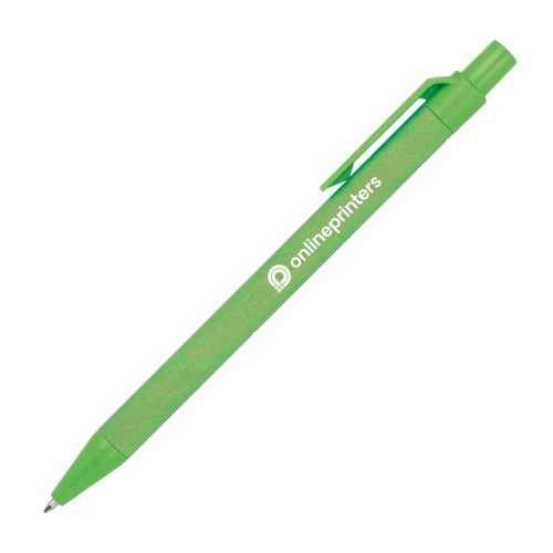 Penna a sfera in carta verde con clip e meccanismo a pressione.