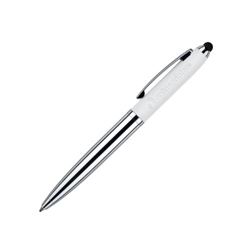 Penna a sfera a rotazione bianca in plastica e metallo con funzione touchpad e clip.