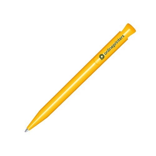 Penne a sfera in plastica gialla con finitura lucida e pulsante.