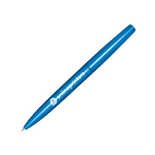 Penne a sfera in plastica blu con finitura lucida e meccanismo a rotazione.