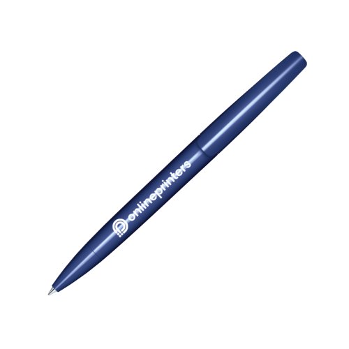 Penna a sfera a rotazione in plastica blu scuro con finitura lucida.