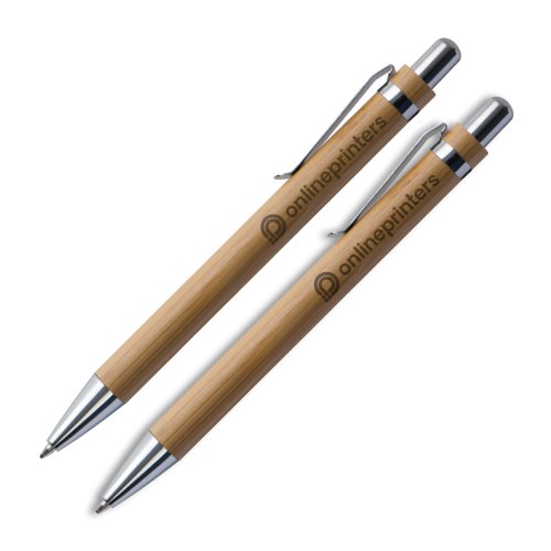 Set da scrittura in legno chiaro con penna a sfera e custodia.