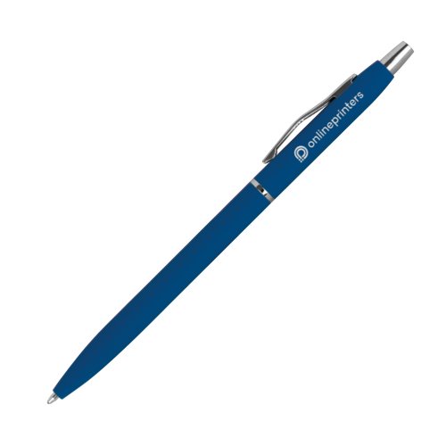 Penne a sfera in metallo blu con clip e pulsante.