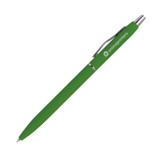 Penna a sfera in metallo verde con clip e meccanismo a pressione.