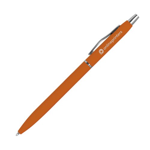 Penna a sfera in metallo arancione con clip e meccanismo a pressione.