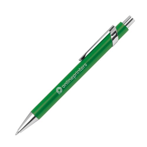 Penna a sfera in metallo verde fantasia con clip e meccanismo a scatto.