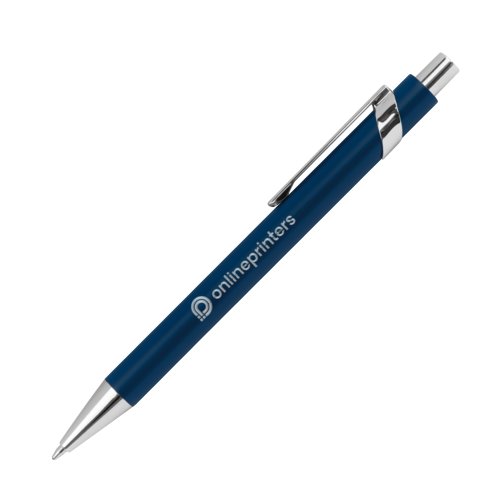 Penna a sfera in metallo blu scuro con motivo, clip e meccanismo a scatto.