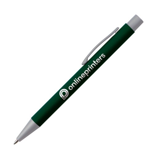 Penna a sfera verde scuro con clip e meccanismo a pressione.