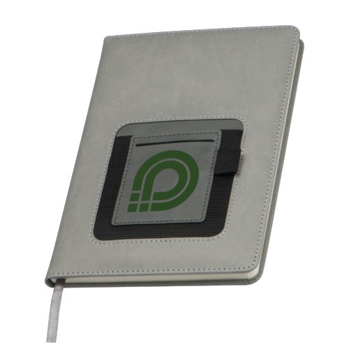 Quaderno grigio con tasca a busta ed elastico.