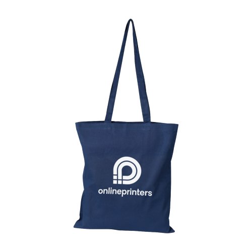 Borsa in cotone blu scuro con motivo e manici lunghi.