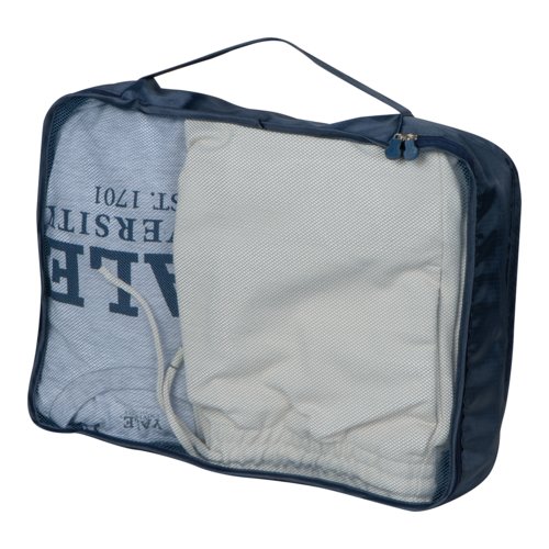 Set da viaggio in tessuto blu scuro, 4 pezzi, con cerniera e maniglia.
