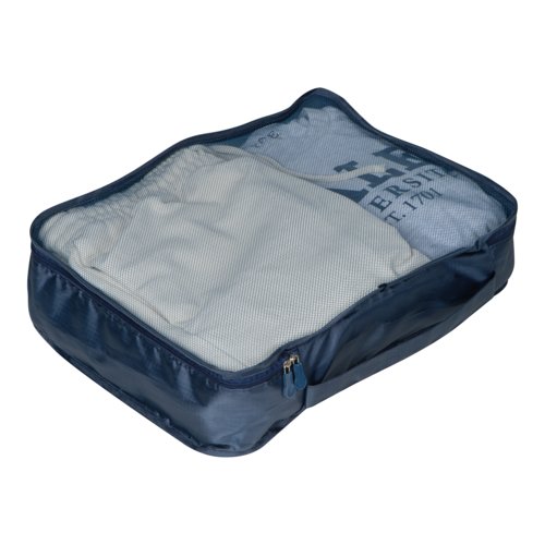 Set da viaggio blu scuro in 4 pezzi con cerniera.