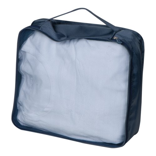 Set da viaggio in tessuto blu scuro, quattro pezzi con maniglia e cerniera.