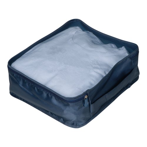 Set da viaggio in tessuto blu scuro, 4 pezzi con cerniera.