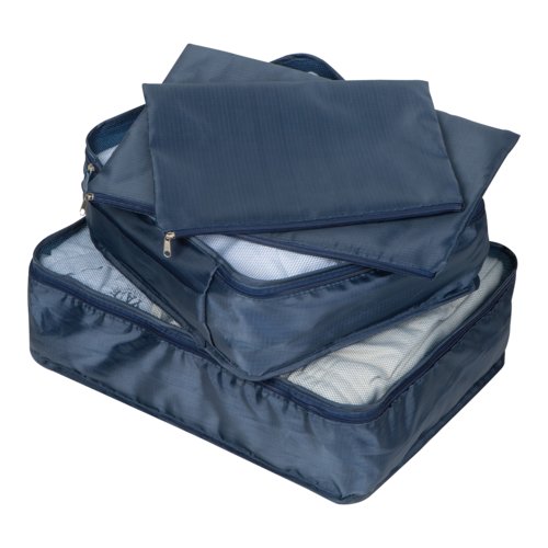 Set da viaggio in tessuto blu scuro, 4 pezzi, con cerniere.