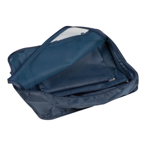 Set da viaggio blu scuro in 4 pezzi con cerniera.