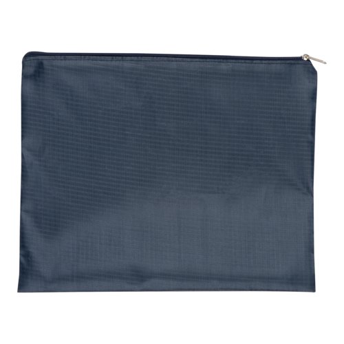 Set da viaggio in tessuto blu scuro, quattro pezzi, con cerniera.