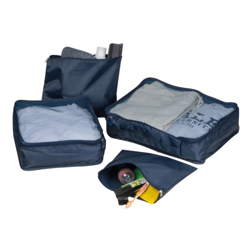 Set da viaggio blu in tessuto, 4 pezzi con cerniera.