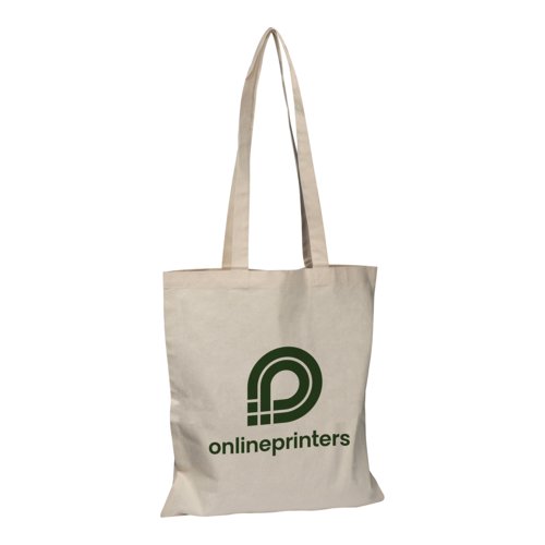 Borsa in cotone beige con manici e motivo.