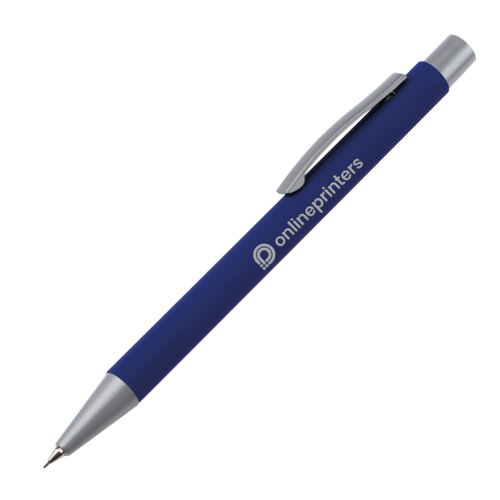 Matita meccanica blu con clip e meccanismo a pressione.