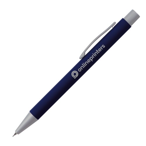 Matita meccanica blu scuro con clip e meccanismo a pressione.