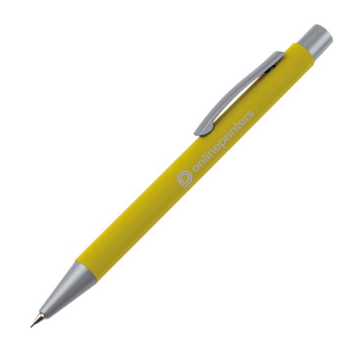 Matita meccanica gialla con clip e pulsante.