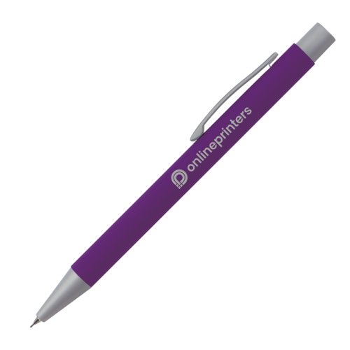 Matita meccanica viola con clip e meccanismo a pressione.