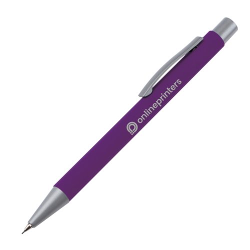 Portamine viola con clip e parti metalliche.