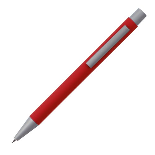 Matita meccanica rossa con clip e meccanismo a pressione.