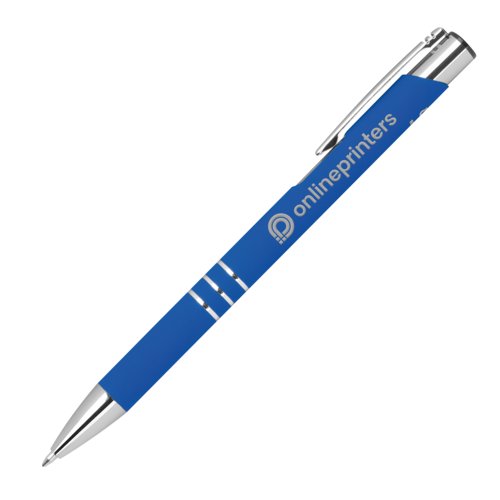Penna gel blu con clip e meccanismo a pulsante.
