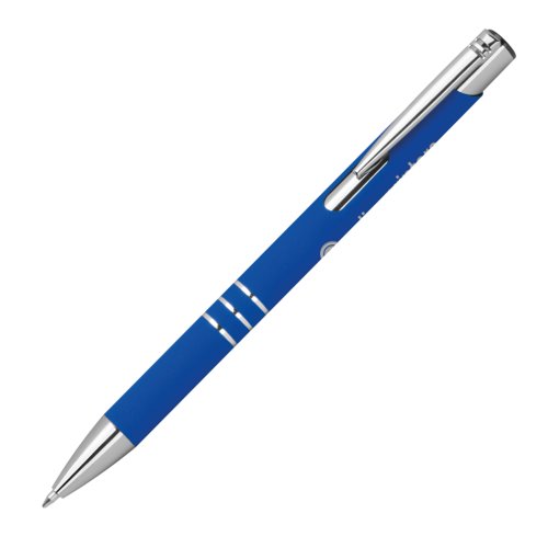 Penna gel blu con clip e pulsante.