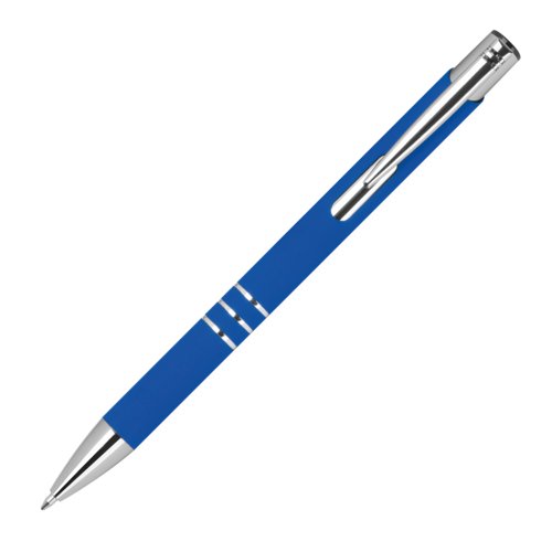 Penna gel blu con elementi in metallo e meccanismo a pressione.