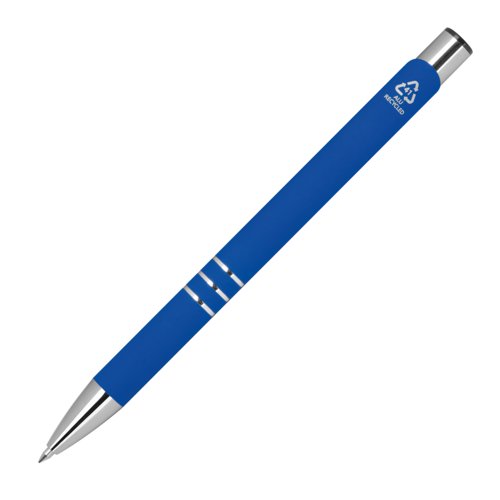 Penna gel blu con elementi in metallo e cappuccio.