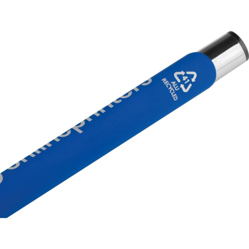 Penna gel blu con elementi in metallo e motivo.