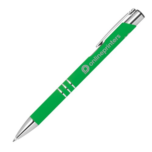 Penna gel verde con dettagli in metallo e cappuccio.