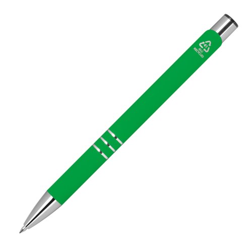Penna gel verde con elementi in metallo e motivo.