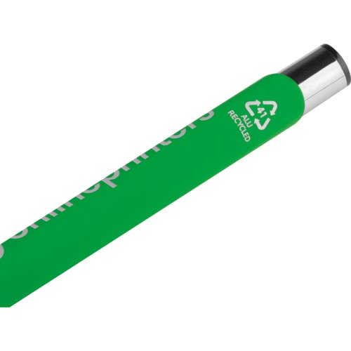 Penna gel verde con elementi in metallo e meccanismo a pressione.