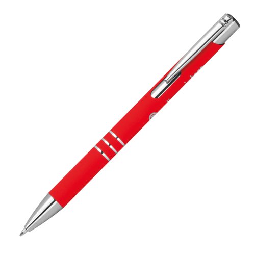 Penna gel rossa con motivo, elementi metallici e meccanismo a scatto.