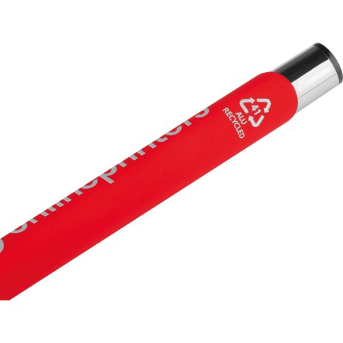 Penna gel rossa con motivo e cappuccio removibile.