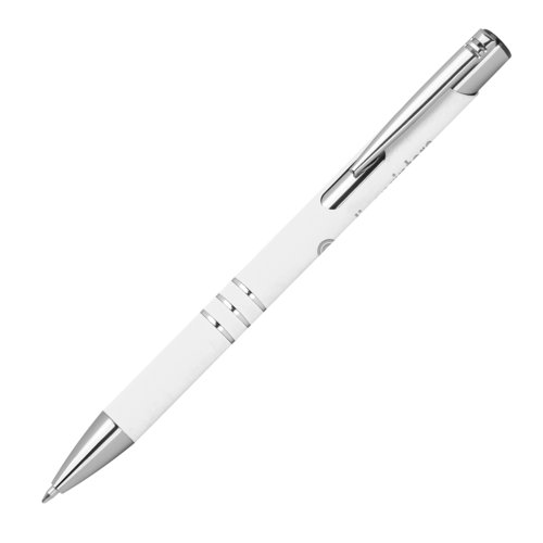 Penna gel bianca in plastica con elementi metallici e clip.