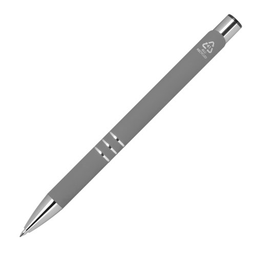Penna gel antracite con dettagli in metallo e pulsante.