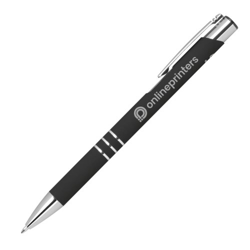 Penna gel nera con elementi in metallo e clip.