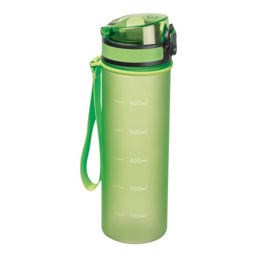Bottiglia d'acqua in tritan verde mela con laccetto e coperchio.