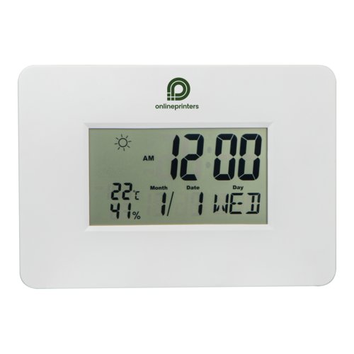 Orologio da parete bianco con display digitale.