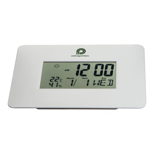 Orologio da tavolo bianco con display digitale.